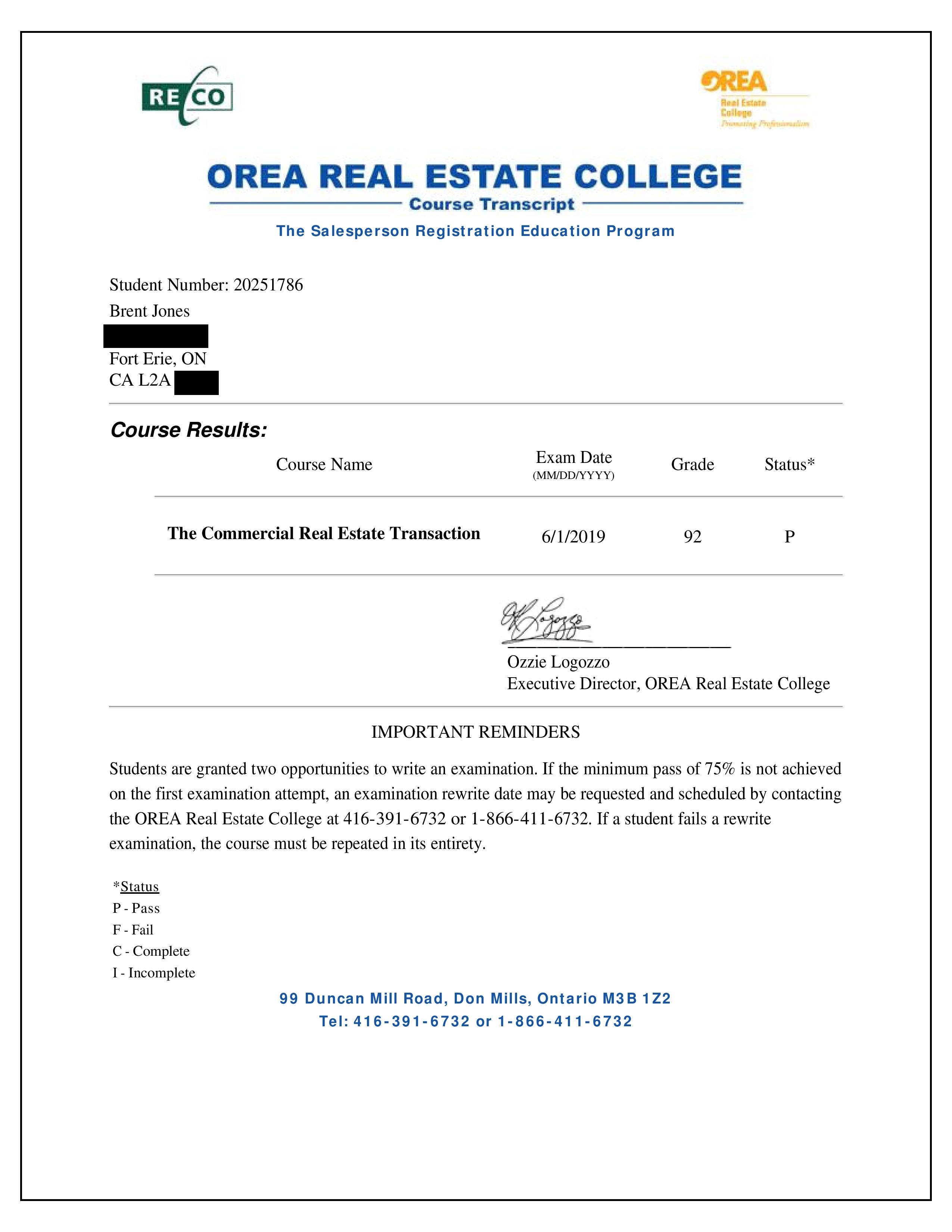 The OREA Salesperson Registration Education Program: My Final Transcripts – Brent Jones, Real ...